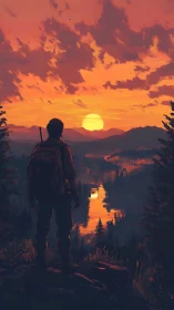 Backlit hiker surveying riverine valley at volumetric sunset.