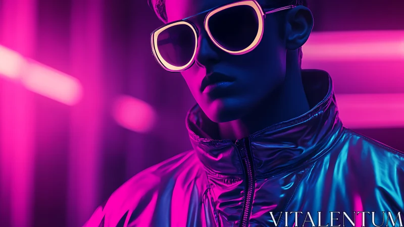 Neon lit portrait of person in reflective jacket and glasses.