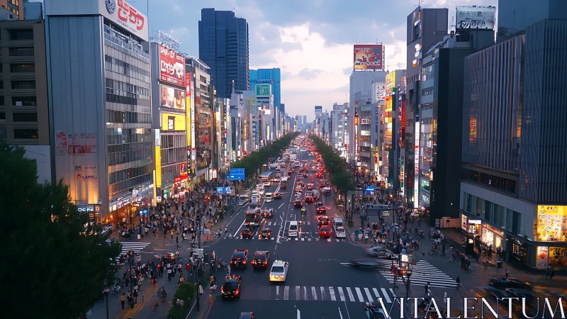 Twilight city avenue packed with traffic and neon signage.