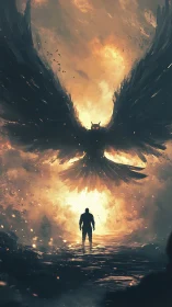 Dark winged creature confronts lone figure in fiery sky.
