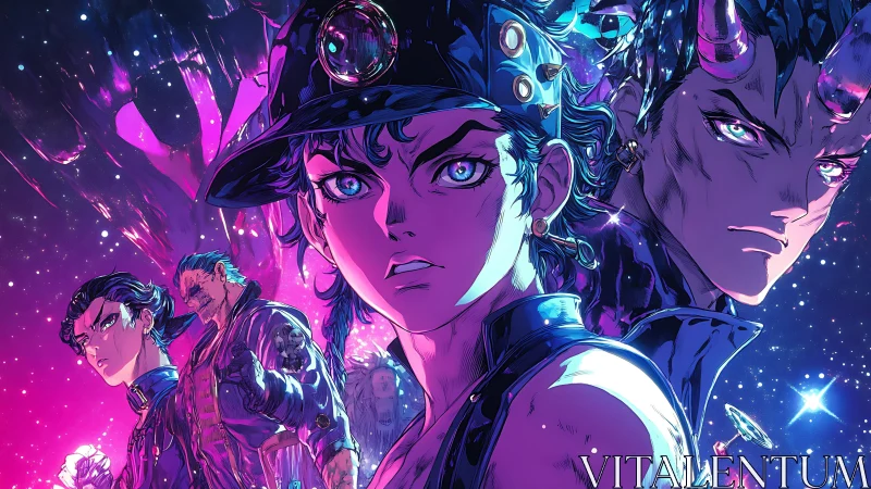Celestial anime heroes confront a cosmic, neon-splashed void