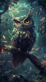 Star-swept forest owl guarding a luminous butterfly frontier.