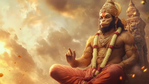 Serene divine monkey figure seated before temple at dusk.