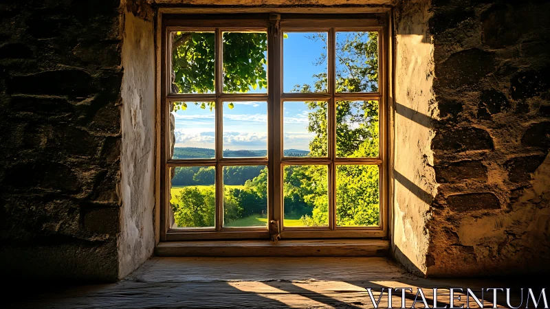 Sunlit stone window framing a bright countryside dreamscape.