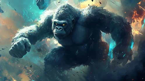 Giant gorilla charging through fractured fiery sky scene.