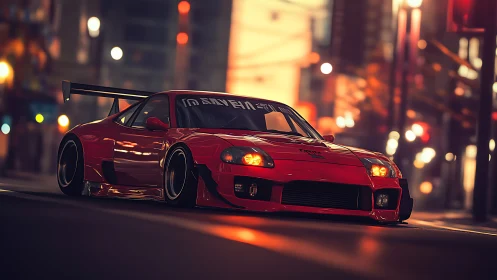 Photorealistic red tuner car in cinematic night streetscape.