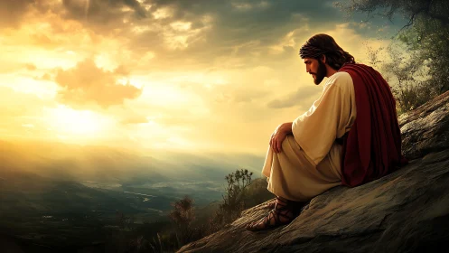 Photorealistic devotional figure on sunlit mountain slope.