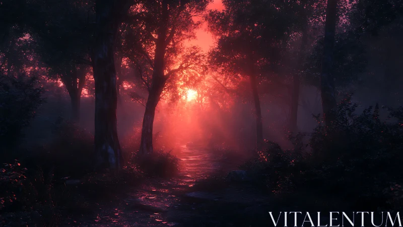 Forest path under dense red backlit atmospheric light.