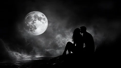 Two figures in silhouette observe luminous moon above water.