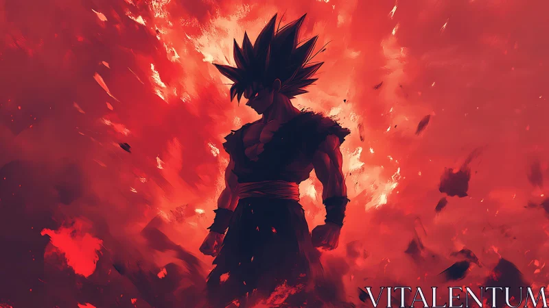 Fiery anime warrior silhouette within explosive red aura.