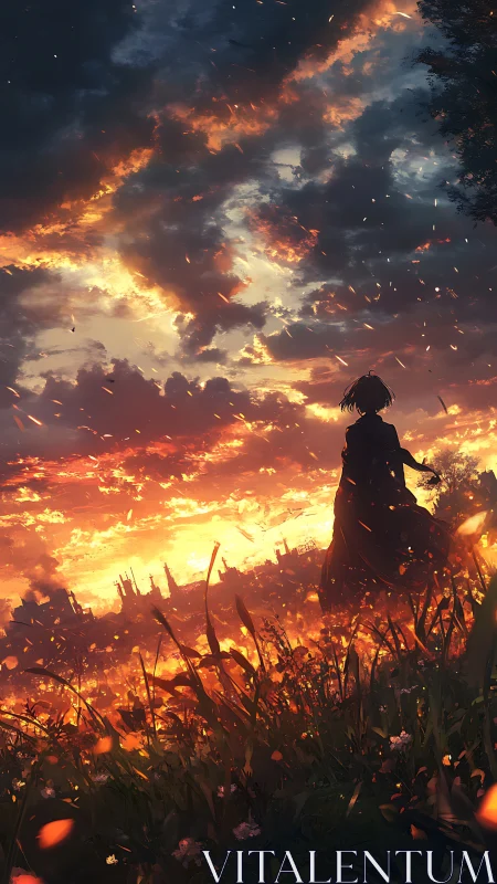 Silhouetted wanderer faces burning horizon at ember dusk.