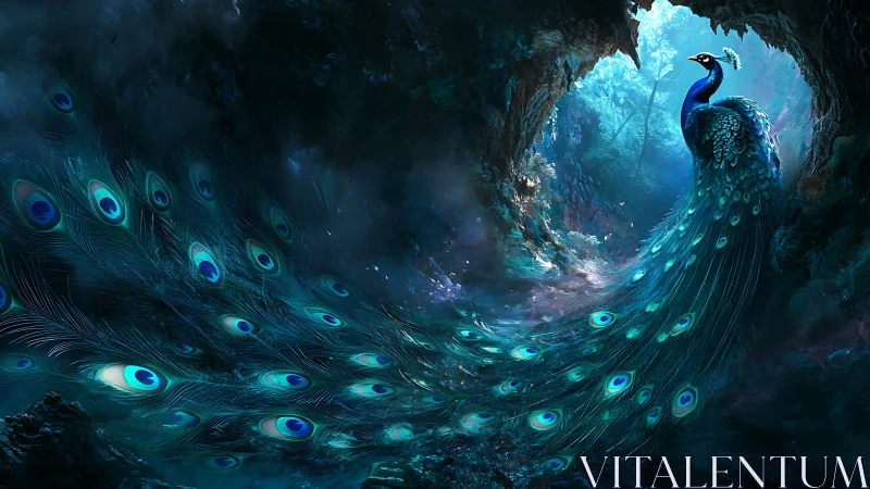 Cavern king peacock unfurls a tide of luminous feathers.