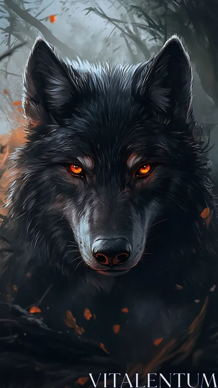 Luminous-eyed black wolf rendered with high-detail fur shading