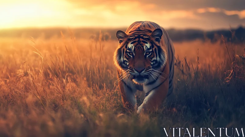 Tiger stalking through golden sunset grassland field.