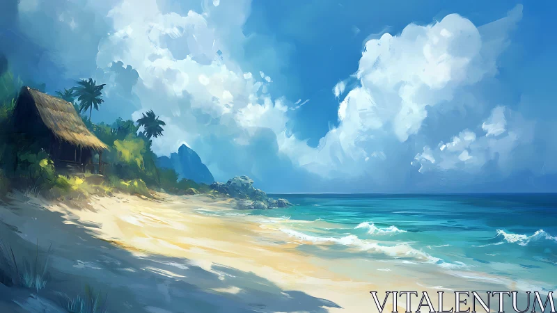 Tropical Sanctuary: Digital Beach Landscape with Thatched Dwelling