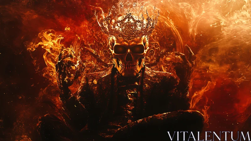 Flaming skeletal monarch with molten crown in high contrast lighting