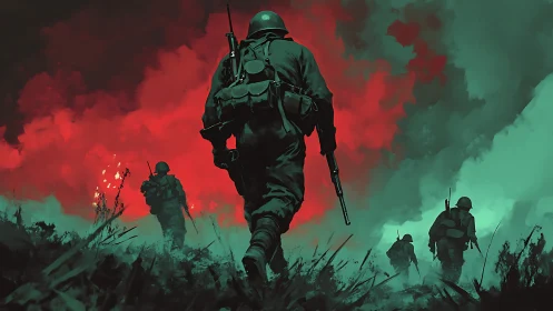 Soldiers stride through neon fire as war paints the sky