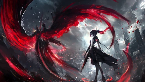 Winged ember storm around a lone, dusklit cyber huntress.