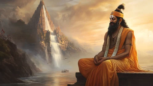 Serene sage in saffron robes beside mystical waterfall temple.