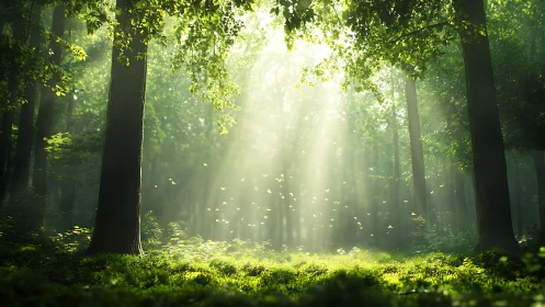 Sunbeams Illuminate Serene Green Forest in Morning Glow.