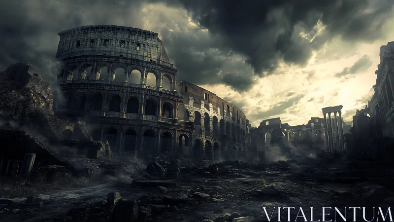 Ruined colosseum and surrounding structures under storm clouds.