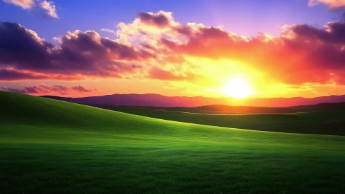 Golden sunset glows gently over rolling emerald hills