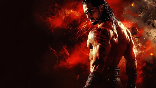 Warrior stands in burning red smoke, muscles glistening.