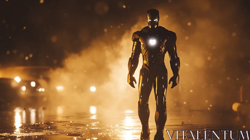 Armored humanoid figure on wet street in dense backlit fog.