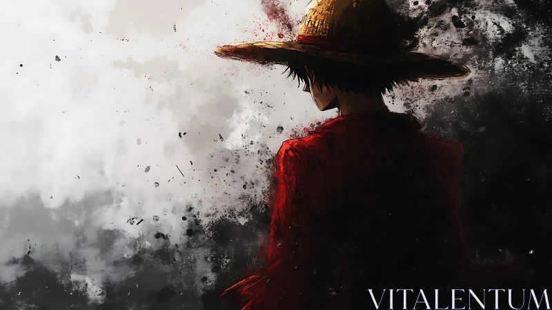 Straw hat silhouette cuts through abstract smoke storm.