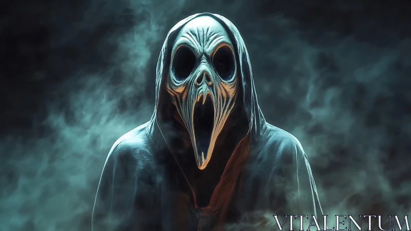 Spectral hooded wraith with elongated biomechanoid scream mask.