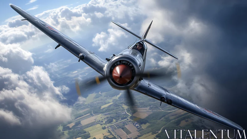 Vintage fighter plane cuts through dramatic storm clouds