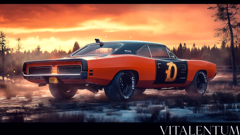 Muscle car prowls a molten sunset marshland in neon chrome.