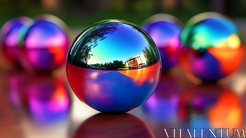 Chromatic HDR spheres with environment-mapped reflections on wood.