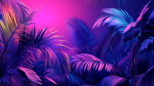 Neon-lit tropical foliage forms layered gradients against sky