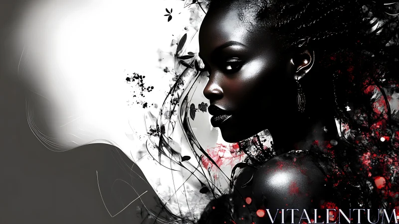 Dark portrait of woman with abstract floral splashes.