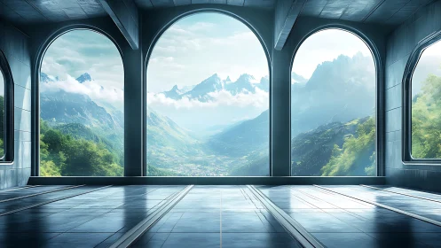 Panoramic alpine vista framed by futuristic atrium windows.