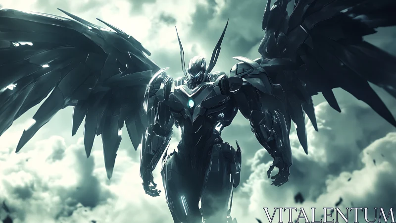 Cybernetic angel warrior descends through storm-lit skies
