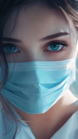 Bright blue eyes write quiet courage above a pale mask