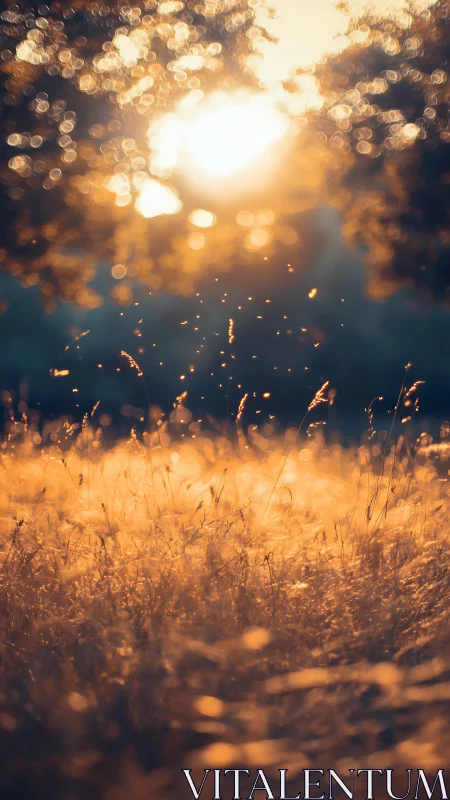 Golden meadow glows softly beneath a warm evening sun