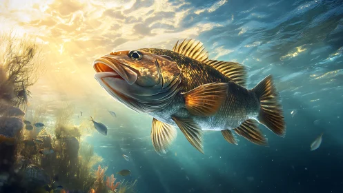 Sunlit bass surging through shimmering underwater lightscape.