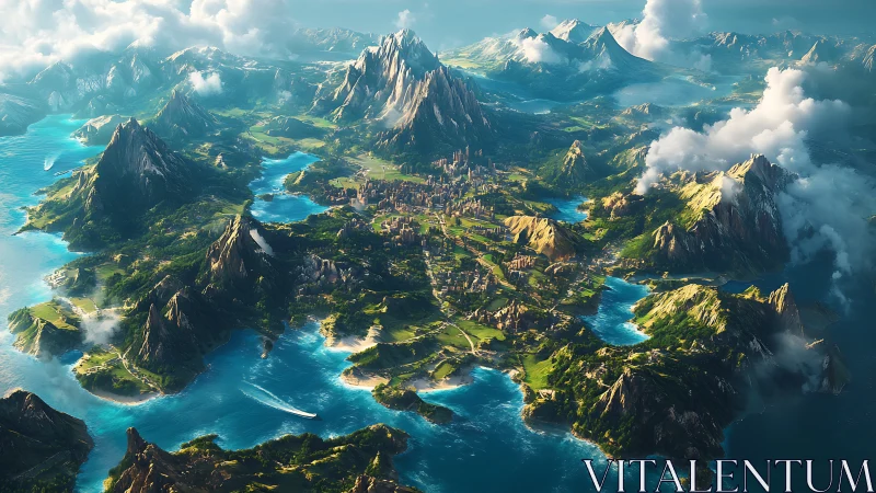 Aerial mountain landscape with coastal settlement and turquoise waters