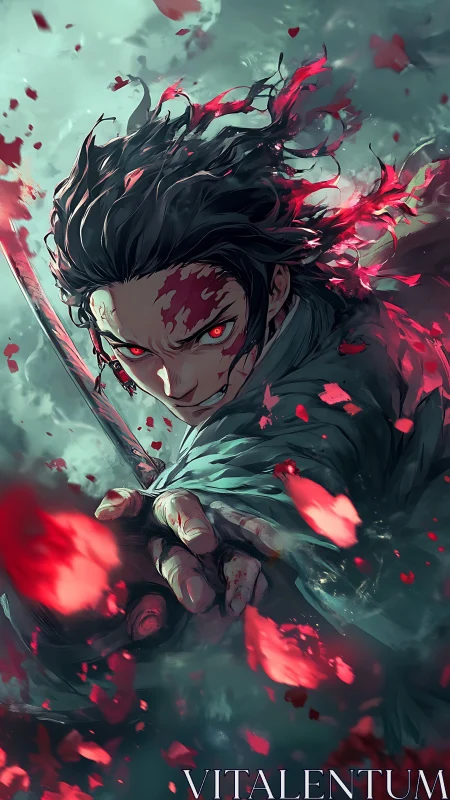 Dynamic anime swordsman in crimson motion blur composition.