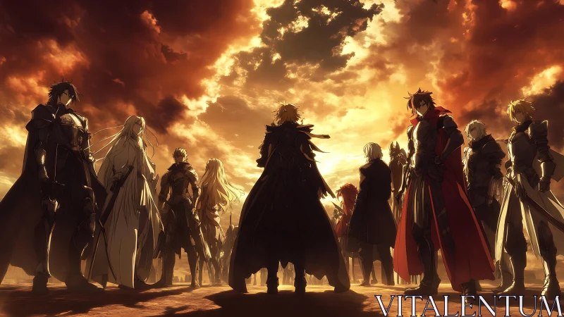Sunset war council of cloaked anime knights in burning sky.