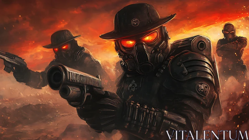 Armored wasteland rangers with glowing visors advance under fire.