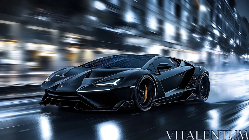 Midnight supercar glides through a rain-soaked city street
