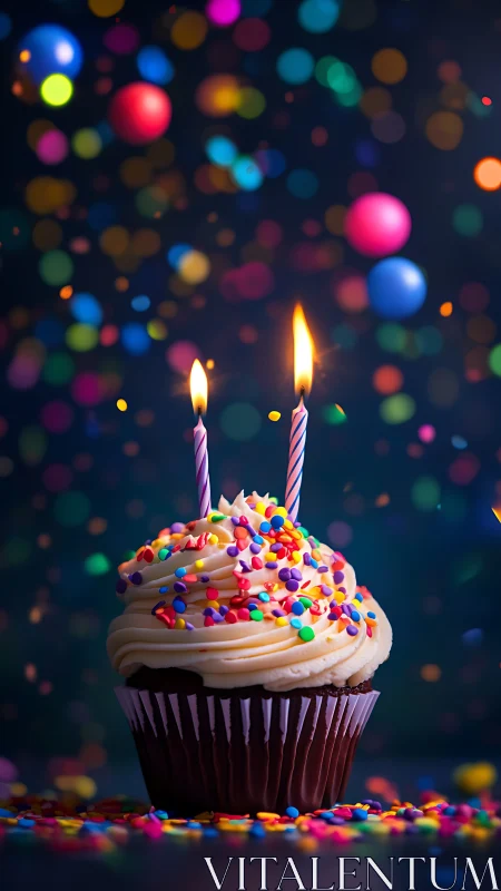 Birthday Cupcake With Lit Candles Against Magical Bokeh