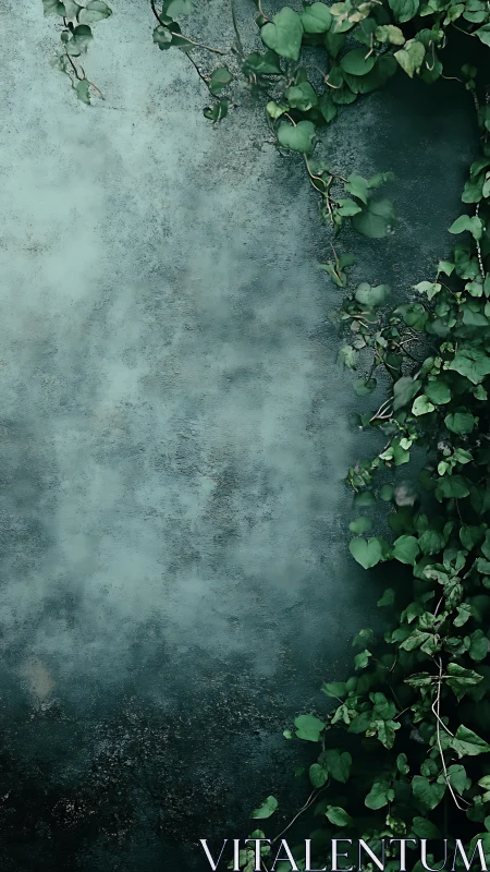 Weathered teal plaster wall with trailing ivy foliage detail