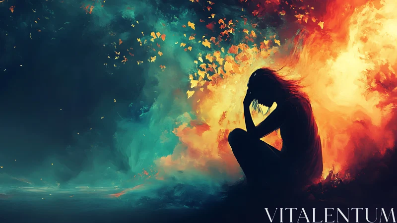 Silhouette woman between fire and sea of dissolving color.