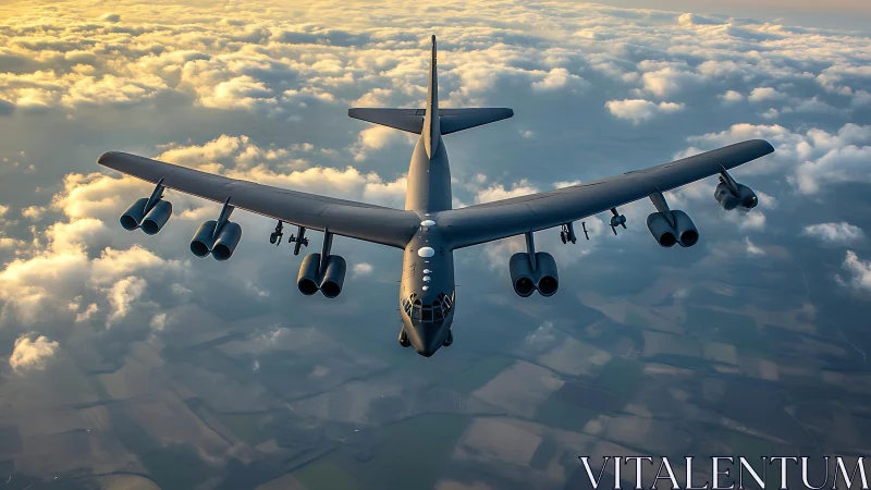Strategic bomber aircraft cuts through golden evening clouds