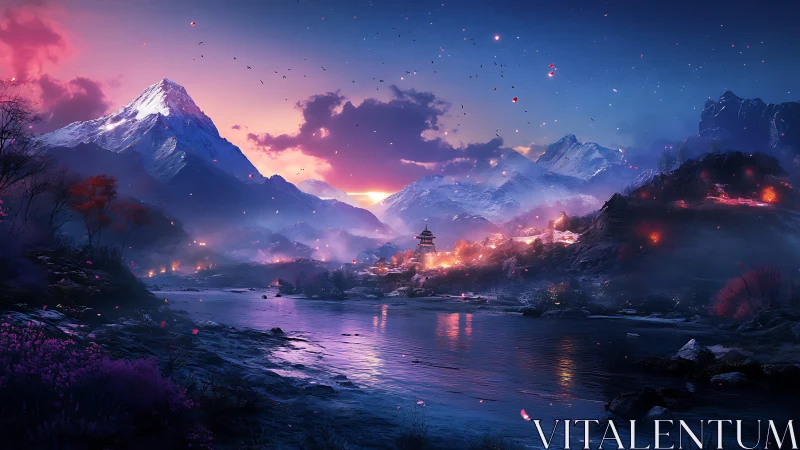 Twilight mountain temple over luminous river valley skyline.
